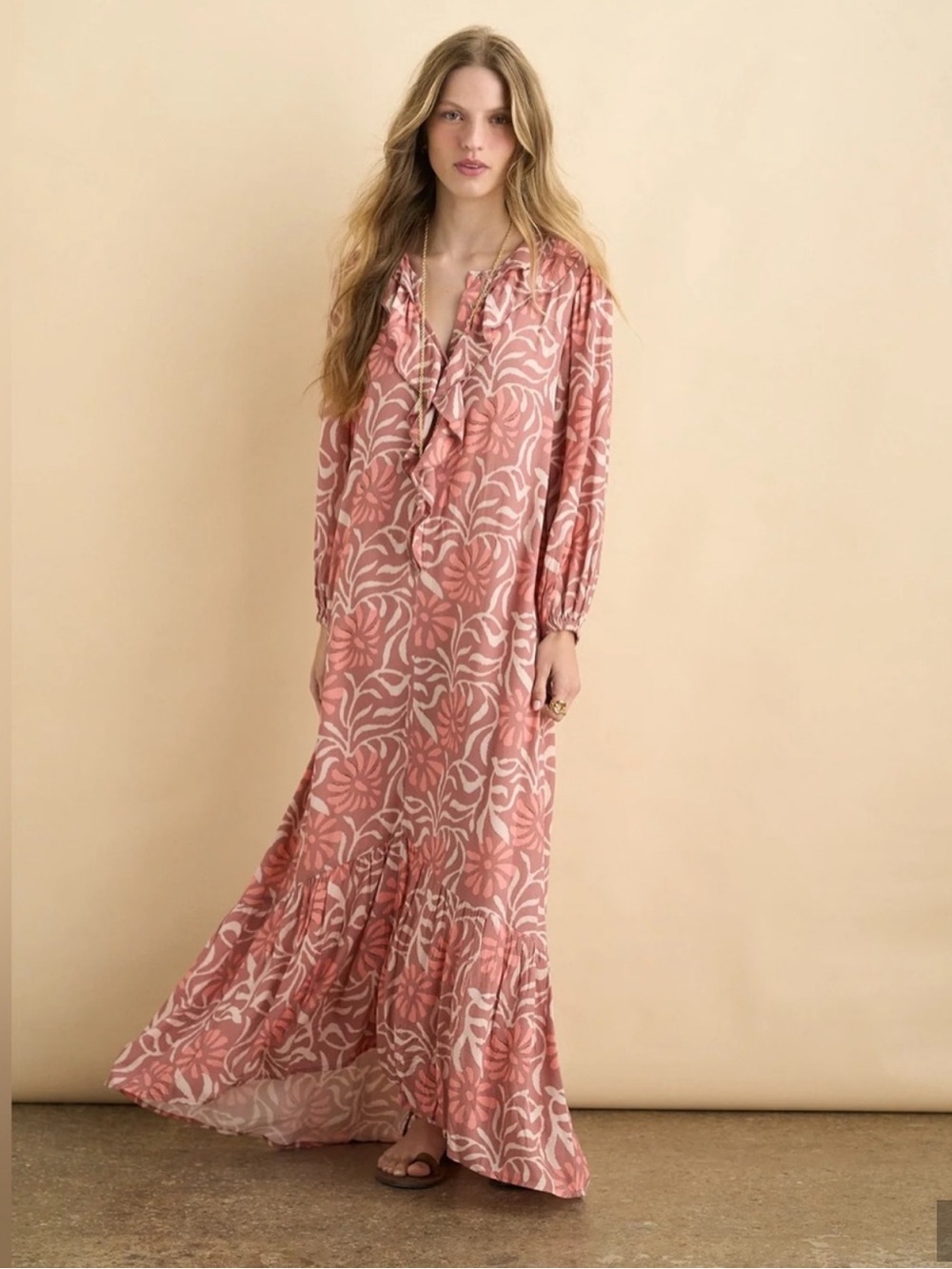 SOMNER size XLARGE Kyra Dress Mokka Floral Ruffle Maxi Dress Belted NEW $260